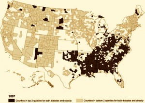 Counties with the highest rates of obesity and diabetes are in the South.